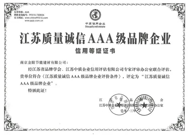 江蘇省質量誠信AAA級品牌企業